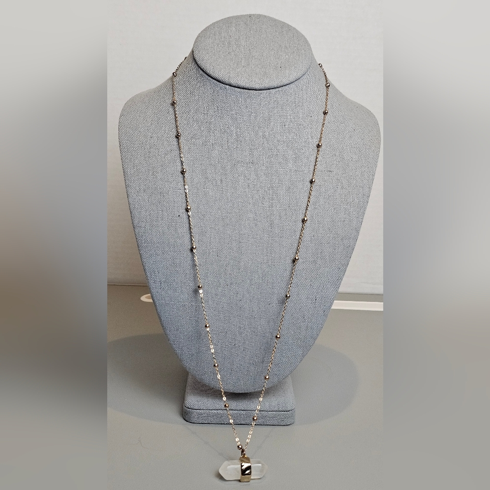 Multi Tone Beaded Chain Gold Necklace With White Crystal Faceted Pendant